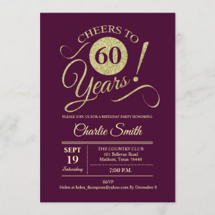60th Birthday Party - Burgundy Gold Invitation