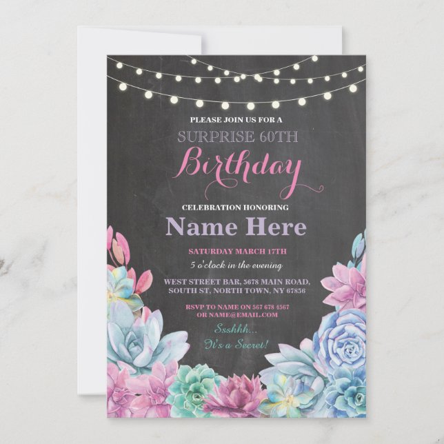 60th Birthday Party Chalkboard Floral Pink Invite (Front)