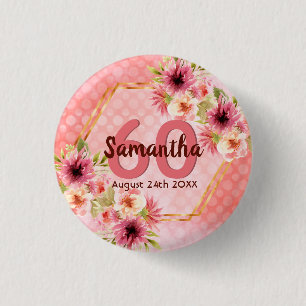 60th birthday party coral gold dahlia flowers 3 cm round badge