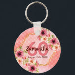 60th birthday party coral gold dahlia flowers key ring<br><div class="desc">A trendy keychain for a 60th birthday party. With a faux gold hexagon geometrical shaped frame. Decorated with watercolored dahlia flowers in pink, cream and coral. Living coral with polka dots as background. Templates for a name, age 60 and a date. Date of birth or date of the party. Burgundy...</div>