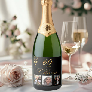60th birthday party custom photo black gold cheers sparkling wine label