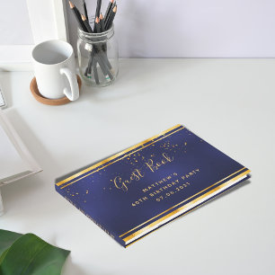 60th Birthday Party dark blue gold confetti Guest Book