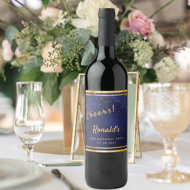 60th Birthday party dark navy blue gold cheers Wine Label (Creator Uploaded)