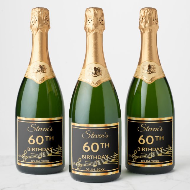 60th birthday party elegant black and gold music sparkling wine label (Bottles)