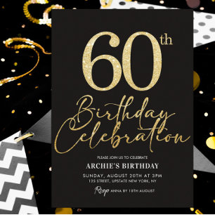 60th Birthday Party Elegant Black & Gold Glitter Invitation
