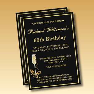 60th Birthday Party Elegant Black Gold Invitation