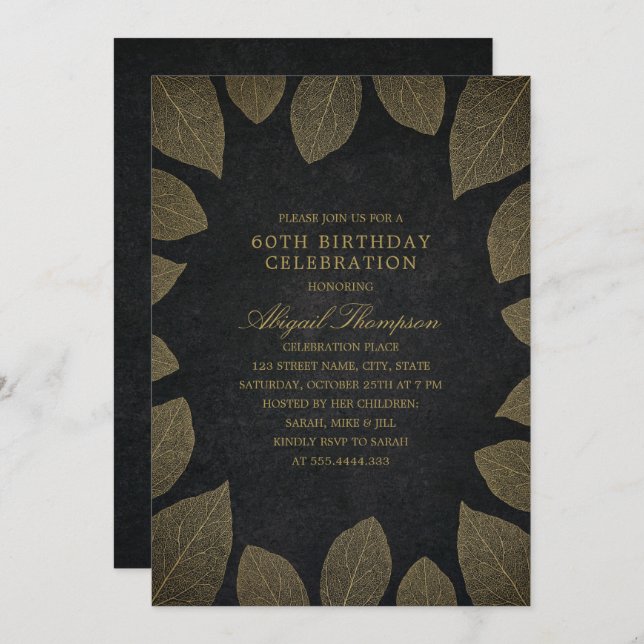 60th Birthday Party Elegant Black Gold Leaves Invitation (Front/Back)