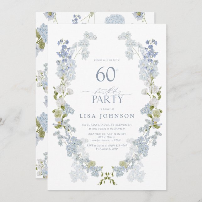 60th Birthday Party Elegant Dusty Blue Floral Invitation (Front/Back)
