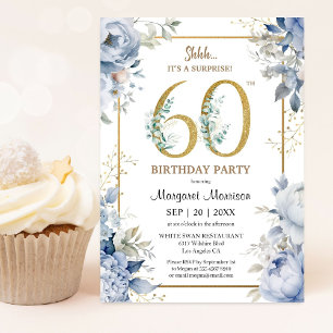 60th Birthday Party Elegant Dusty Blue Floral Invitation