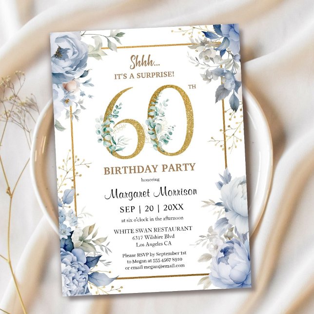60th Birthday Party Elegant Dusty Blue Floral Invitation (Creator Uploaded)