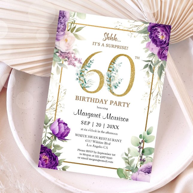 60th Birthday Party Elegant Gold Purple Peony Invitation (Creator Uploaded)