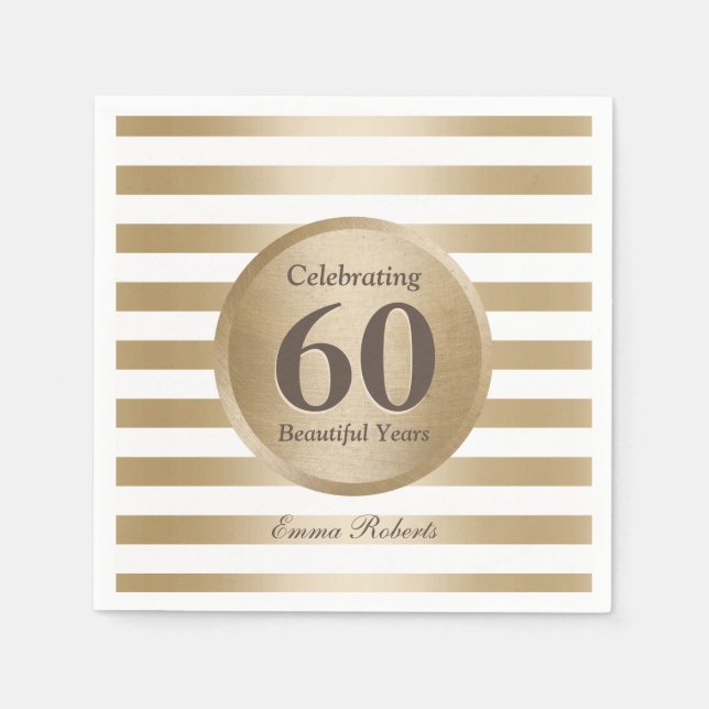 60th Birthday Party Elegant Gold Stripes Napkin (Front)