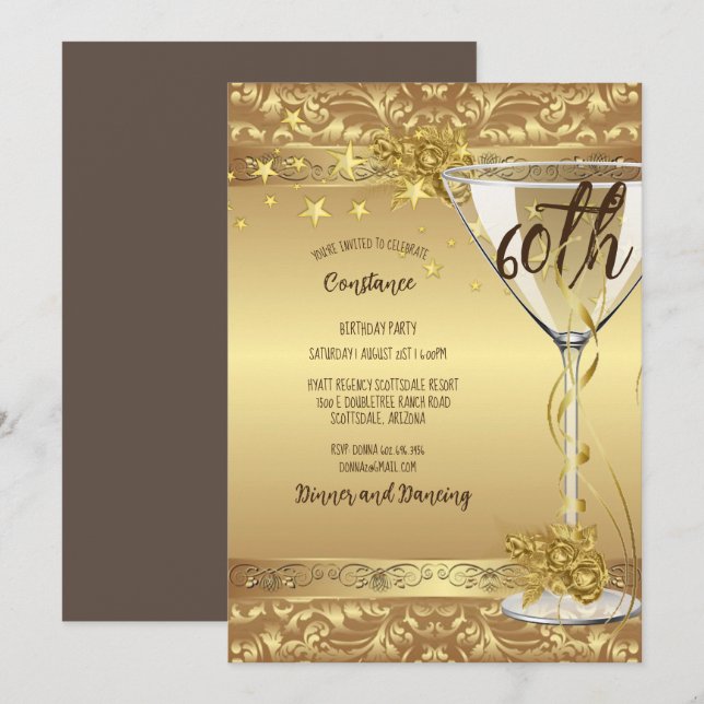 60th Birthday Party Elegant Gold Swirls Flowers In Invitation (Front/Back)