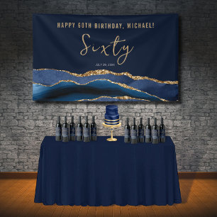 60th Birthday Party Elegant Navy Blue Gold Agate Banner
