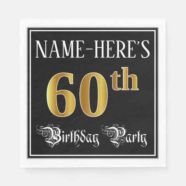 60th Birthday Party — Fancy Script, Faux Gold Look Napkin (Front)