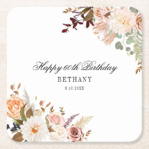 60th Birthday Party Favours Custom Floral Square Paper Coaster