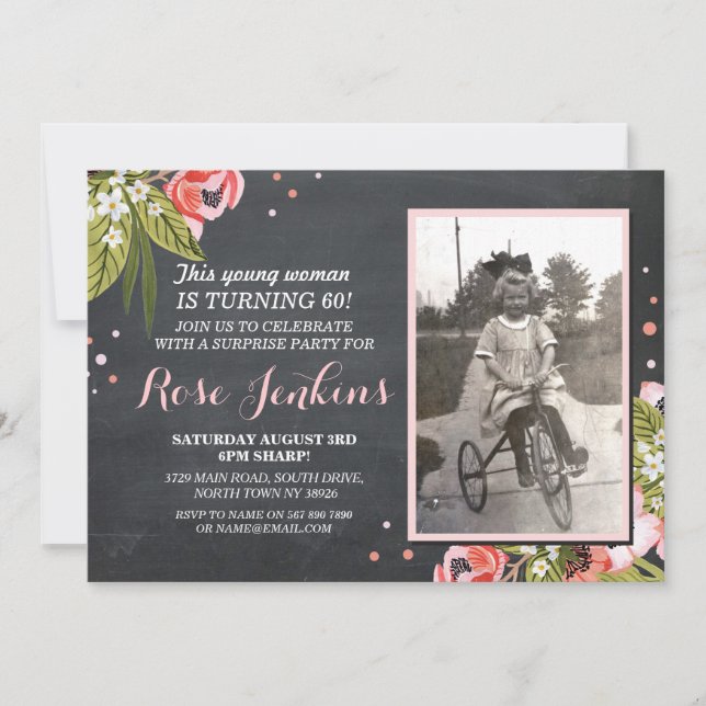 60th Birthday Party Floral Chalk Pink Photo Invite (Front)
