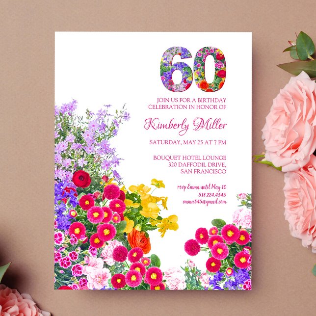 60th birthday party floral modern invitation (Creator Uploaded)