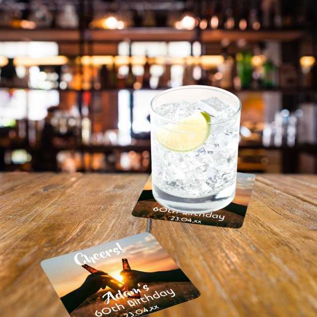 60th birthday party for guys cheers beer square paper coaster (Creator Uploaded)