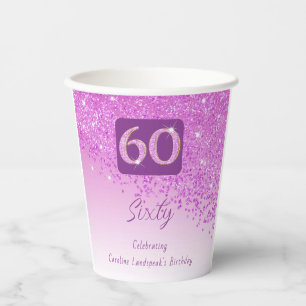 60th Birthday Party Gleaming Pink Glitter Paper Cups