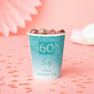 60th Birthday Party Gleaming Teal Blue Glitter Paper Cups