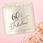 60th Birthday Party Glitter Gold  Square Paper Coaster<br><div class="desc">Elegant and chic 60th birthday party coaster featuring "60 & Fabulous" in a stylish script,  a gold faux foil background and gold faux glitter dripping from the top. You can personalise with her name and date of the party.</div>