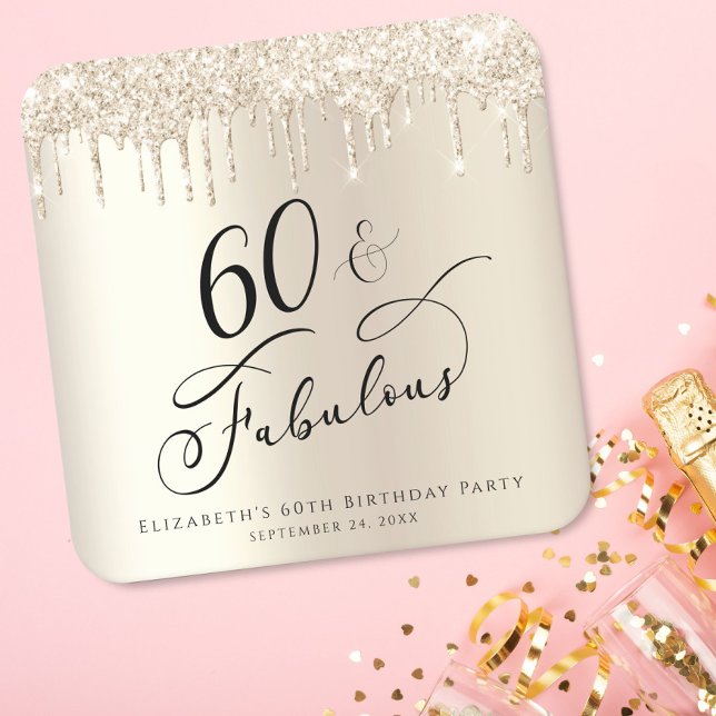 60th Birthday Party Glitter Gold  Square Paper Coaster (Creator Uploaded)