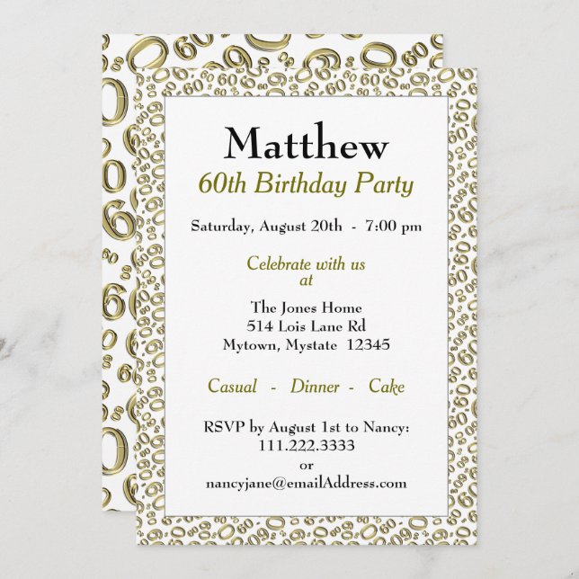 60th Birthday Party Gold and White Number Pattern Invitation (Front/Back)