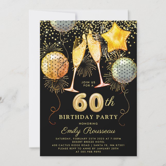 60th Birthday Party Gold Black Glitter Confetti   Invitation (Front)