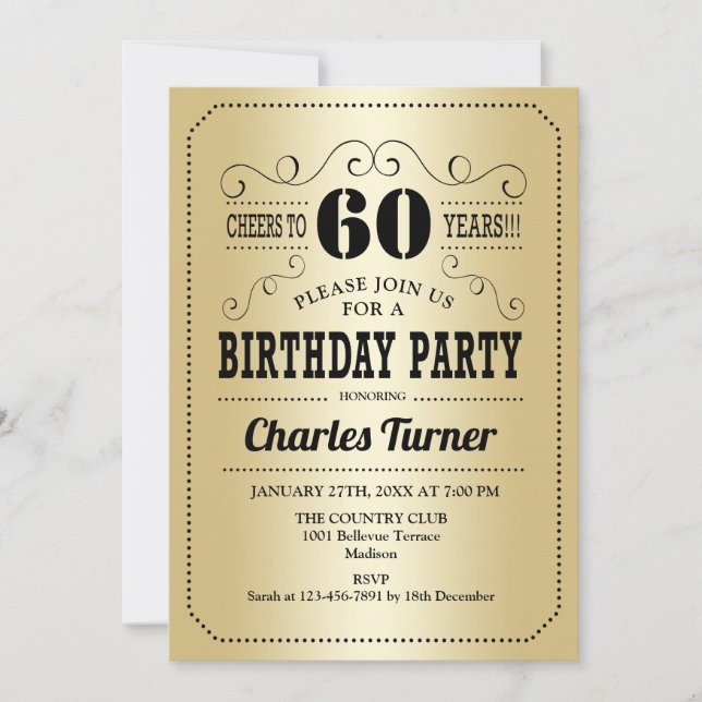 60th Birthday Party - Gold Black Invitation (Front)