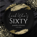 60th Birthday Party Gold Black Look Who's Paper Plate<br><div class="desc">Elegant Faux gold foil paint splatters design. All text is adjustable and easy to change for your own party needs. Great elegant 60th birthday template design. Fancy Birthday party Napkins. Black and gold</div>