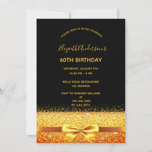60th birthday party gold black sparkle invitation