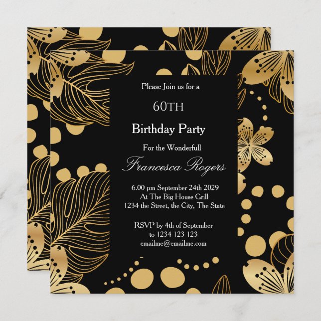 60th Birthday Party Gold Black Square Invitation (Front/Back)