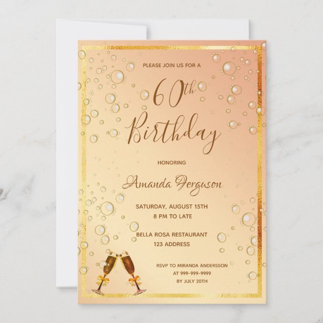 60th birthday party gold bubbles glam invitation (Front)