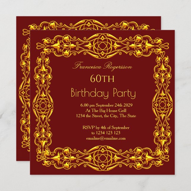 60th Birthday Party Gold Burgundy Invitation (Front/Back)