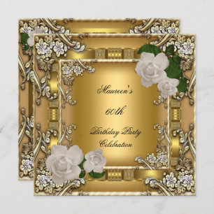 60th Birthday Party Gold Elegant Cream Rose 2 Invitation
