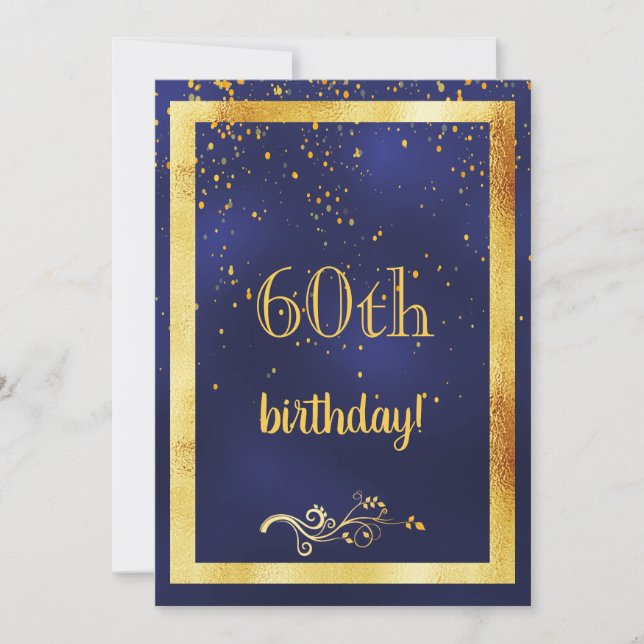 60th birthday party gold frame blue invitation (Front)