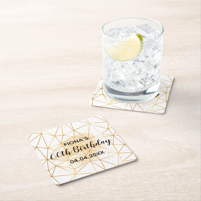 60th birthday party gold geometric white monogram square paper coaster (Insitu)
