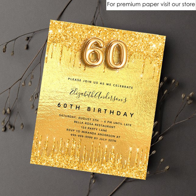 60th birthday party gold glitter drips invitation postcard (Creator Uploaded)
