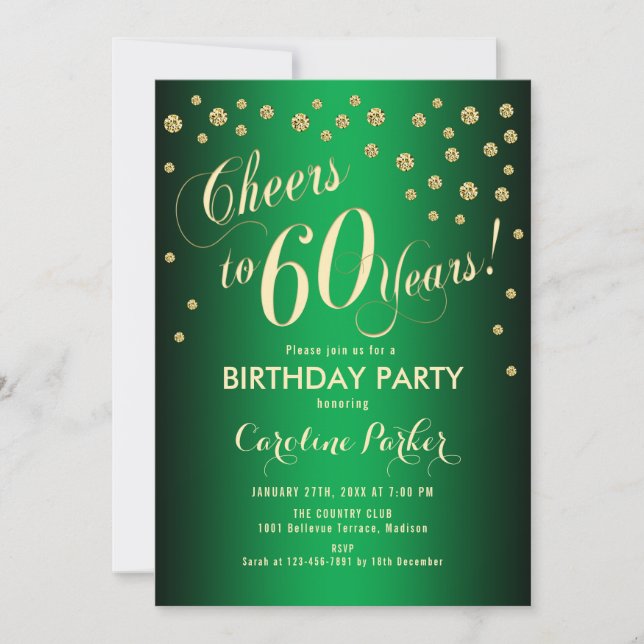 60th Birthday Party - Gold Green Invitation (Front)