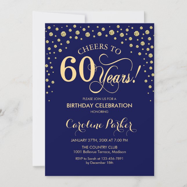 60th Birthday Party Gold Navy Blue Invitation (Front)