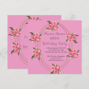 60th Birthday Party Gold Pink Flowers Invitation