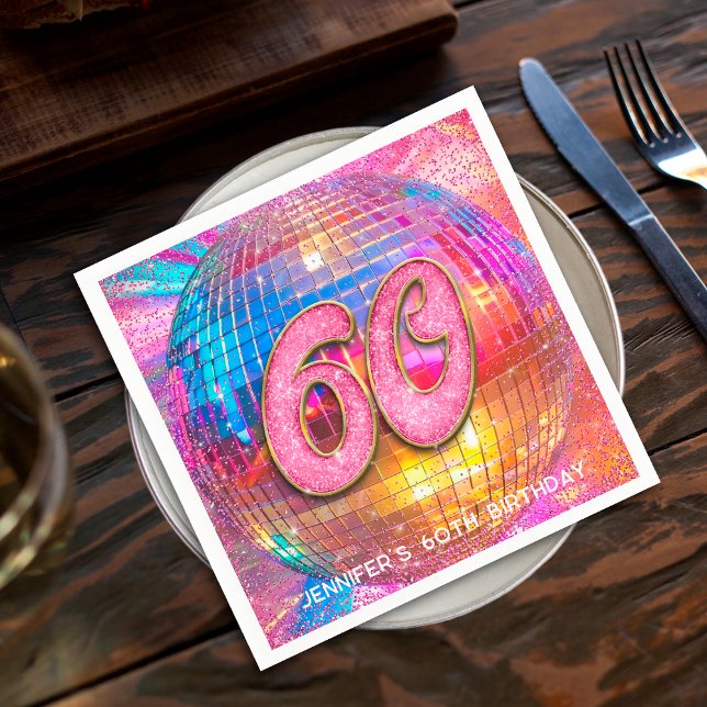 60th Birthday Party Gold Pink Glitter Disco Ball Napkin (Creator Uploaded)