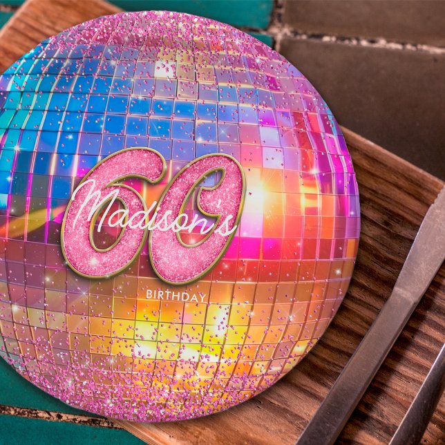 60th Birthday Party Gold Pink Glitter Disco Ball Paper Plate (Creator Uploaded)