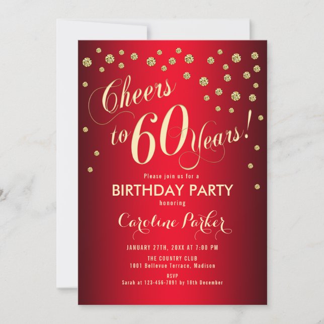 60th Birthday Party - Gold Red Invitation (Front)