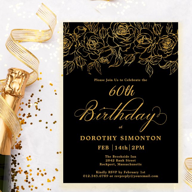 60th Birthday Party Gold Rose Floral Black Invitation (Creator Uploaded)