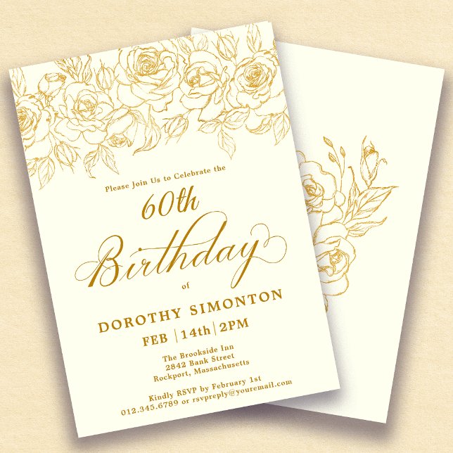 60th Birthday Party Gold Rose Floral Ivory White Invitation (Creator Uploaded)