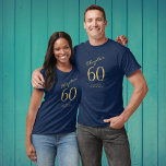 60th Birthday Party Gold Script Blue T-Shirt<br><div class="desc">Let your loved one look chic and elegant on their special day with this easily personalised 60th Birthday party gold script blue T-Shirt. Available in a variety of sizes, this sophisticated blue t-shirt features classic gold script. Perfect for any birthday celebration, this custom shirt will make sure the guest of...</div>