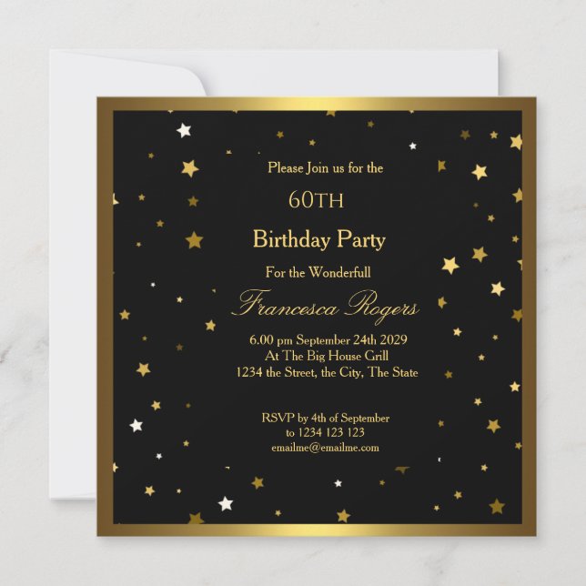 60th Birthday Party Gold Stars Black Invitation (Front)