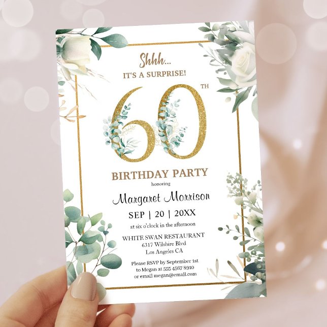 60th Birthday Party Gold Watercolor Greenery Invitation (Creator Uploaded)